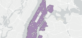 This image show a map of New York City with an outline of the project area in purple that primarily showcases most of Manhattan, South Bronx, parts of Queens, and Brooklyn, along with 50 proposed locations scattered. 