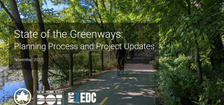A slide onscreen as part of webinar. The title reads: State of the Greenways Planning Process and Project Updates. November 2022.