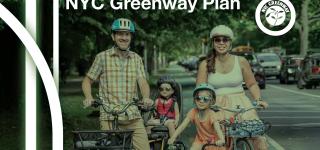 Greater greenways report cover. Image of family cycling on greenway.