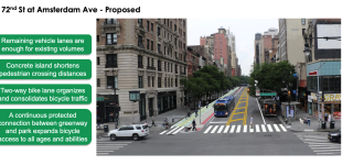 A two-way protected bike lane rendering overlaid on a photo of W 72nd St. 